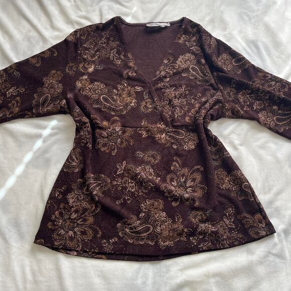 Vintage Y2K whimsygoth fairy indie brown top with glitter paisley floral design - Picture 1 of 7